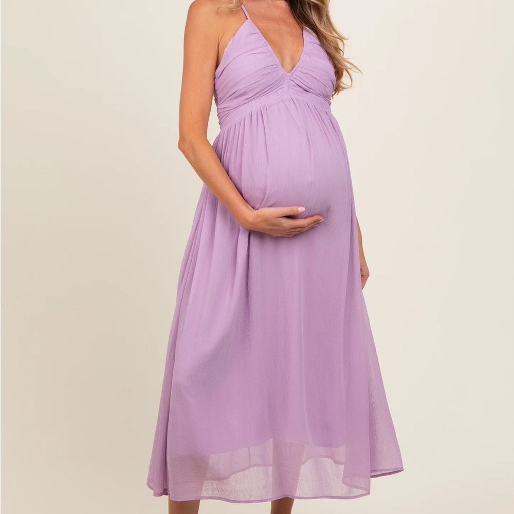 Mystree Lavender Spaghetti-Strap Maternity Midi Dress